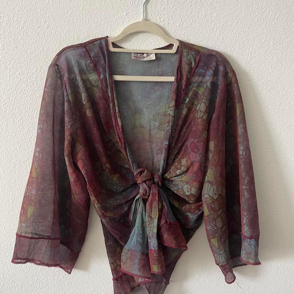 Sterling Styles Sheer Floral Blouse Women's OS Layering Y2K Vintage Tie Front